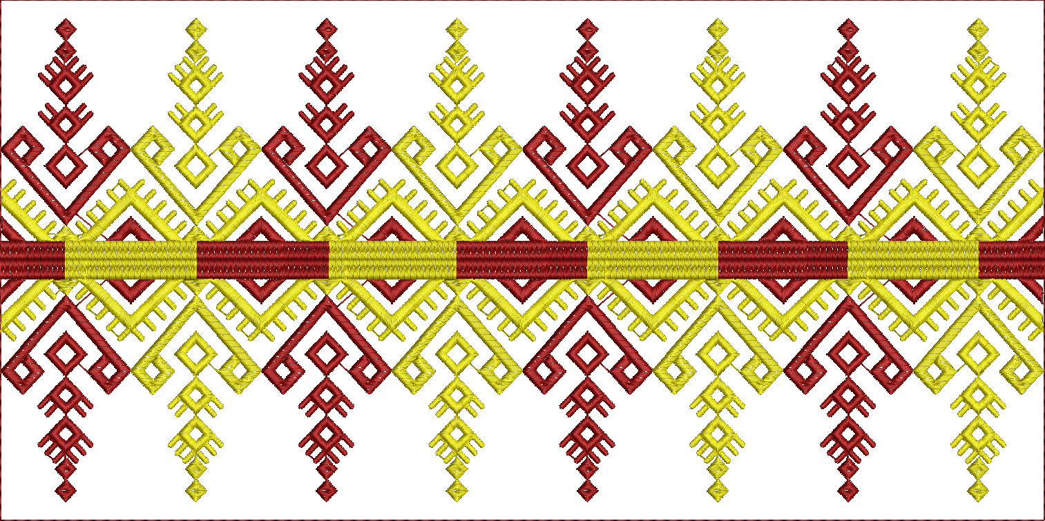 Embroidery design: A decorative embroidery border design with repeating geometric patterns in maroon and yellow. The design features symmet