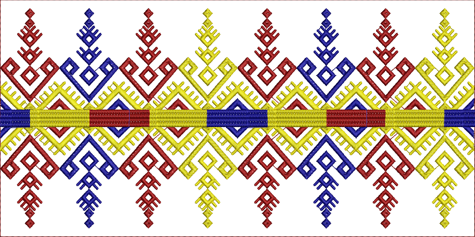 Embroidery design: A decorative embroidery border with a repeating geometric pattern in red, blue, and yellow, featuring stylized motifs an