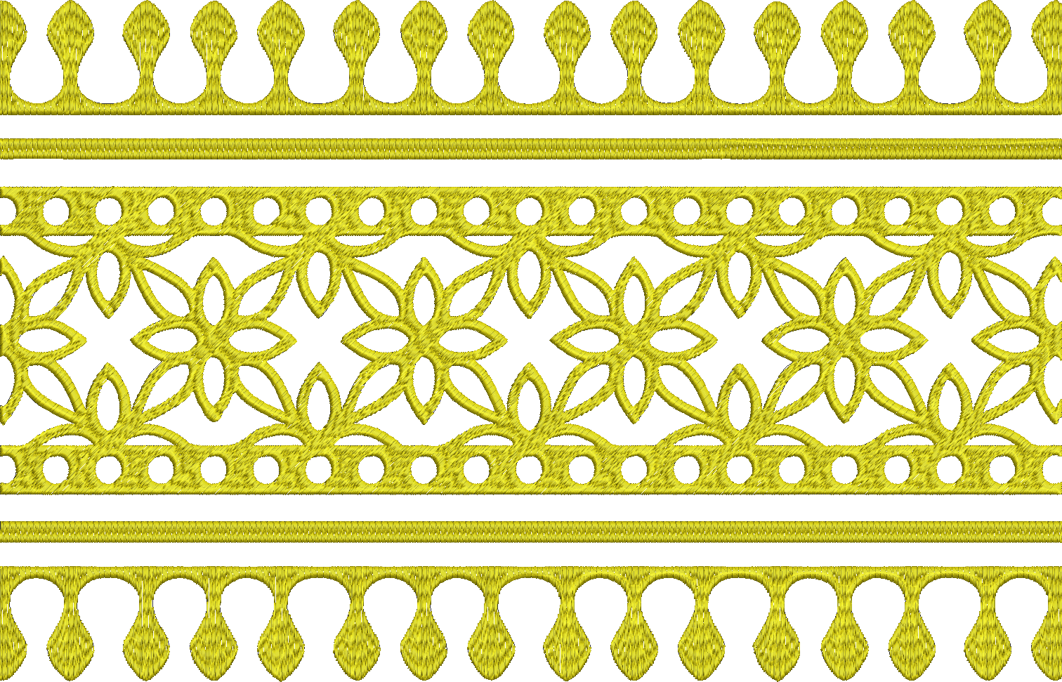 Embroidery design: A decorative yellow embroidery border with repeating floral and geometric motifs, featuring scalloped edges on the top a