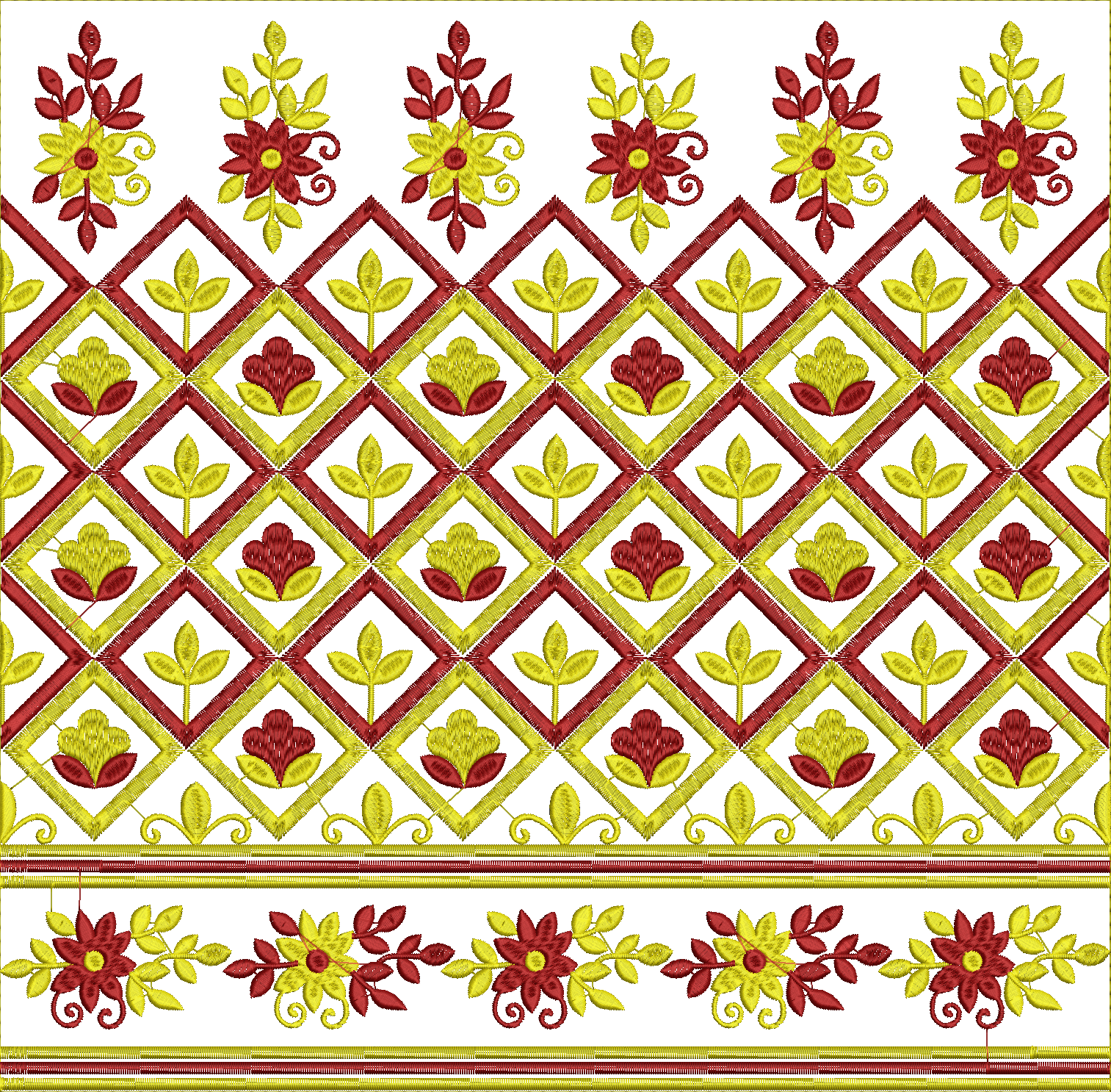 Embroidery design: An embroidery design featuring a repeating pattern of red and yellow flowers and leaves arranged in a geometric, ornamen