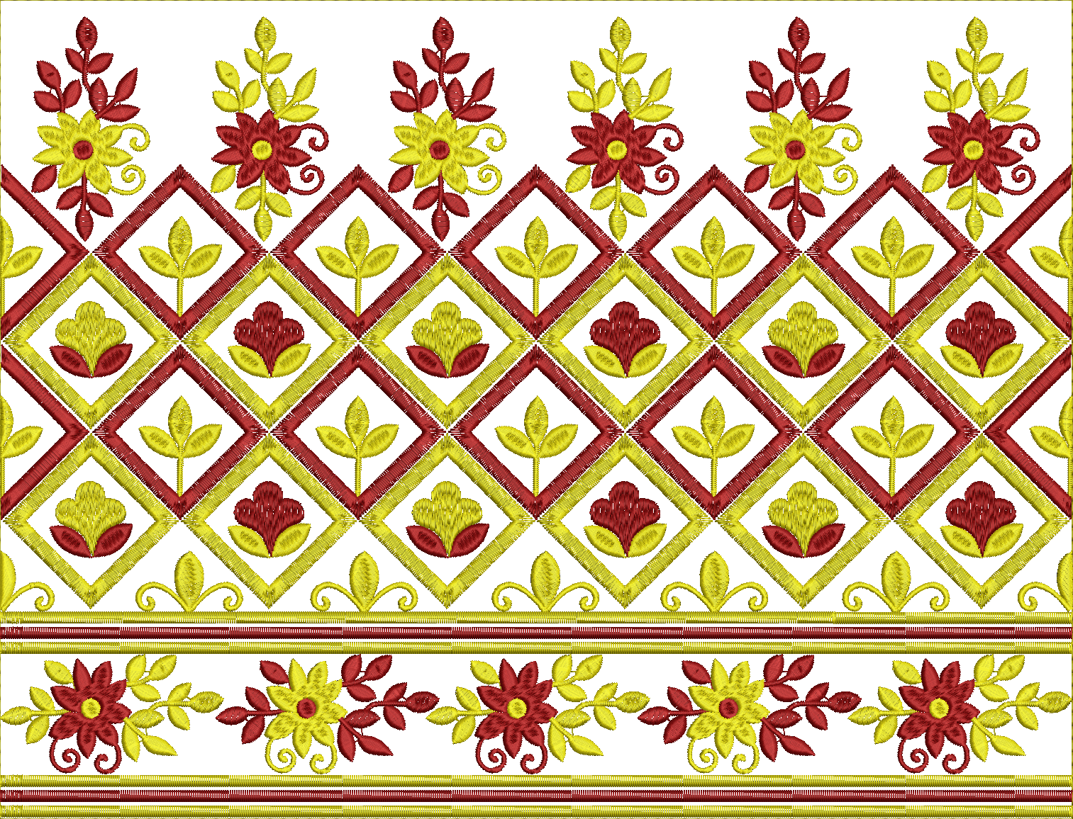 Embroidery design: A horizontal embroidery border design with repeating red and yellow floral and diamond motifs on a white background.