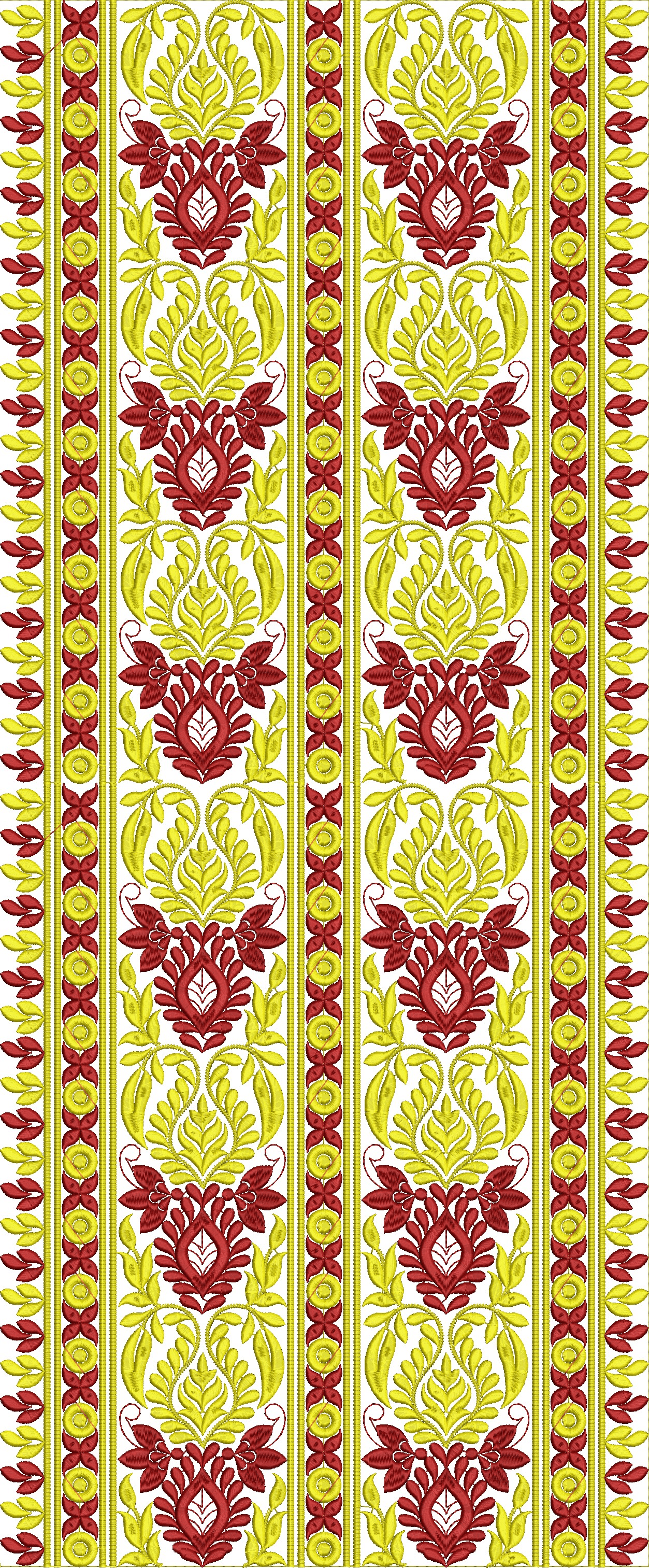 Embroidery design: A decorative vertical border embroidery design with repeating symmetrical floral and leaf motifs in red and yellow on a 