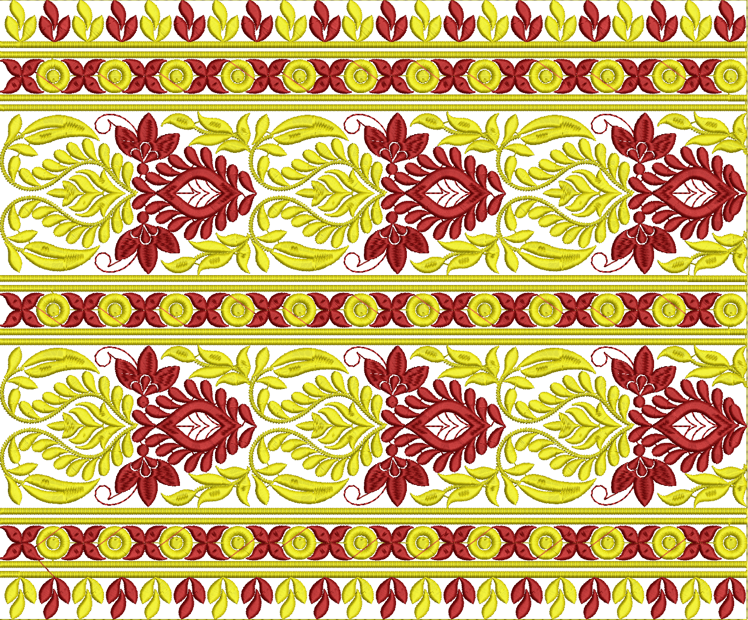 Embroidery design: A repeating horizontal embroidery border with symmetrical floral and geometric motifs in deep red and golden yellow. The