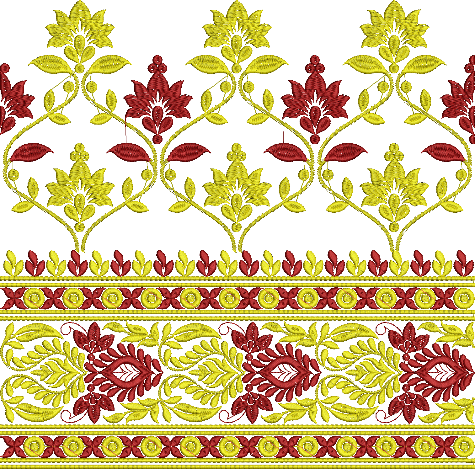 Embroidery design: A traditional ornamental floral border design in red and yellow, featuring repeating symmetrical patterns of flowers, le