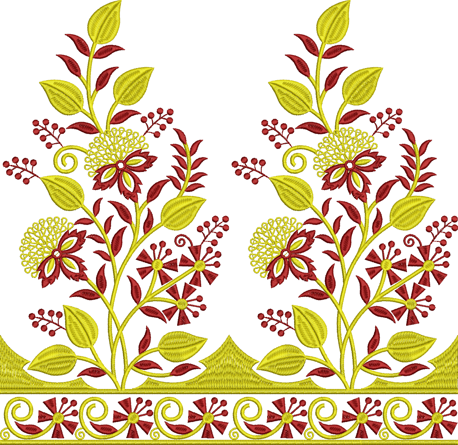 Embroidery design: Symmetrical embroidery design with stylized yellow and dark red flowers, leaves, and a decorative border with scrollwork