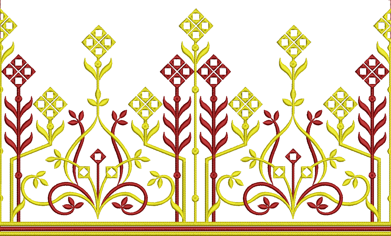 Embroidery design: A symmetrical decorative border embroidery design in red and yellow, featuring geometric diamond shapes and stylized flo