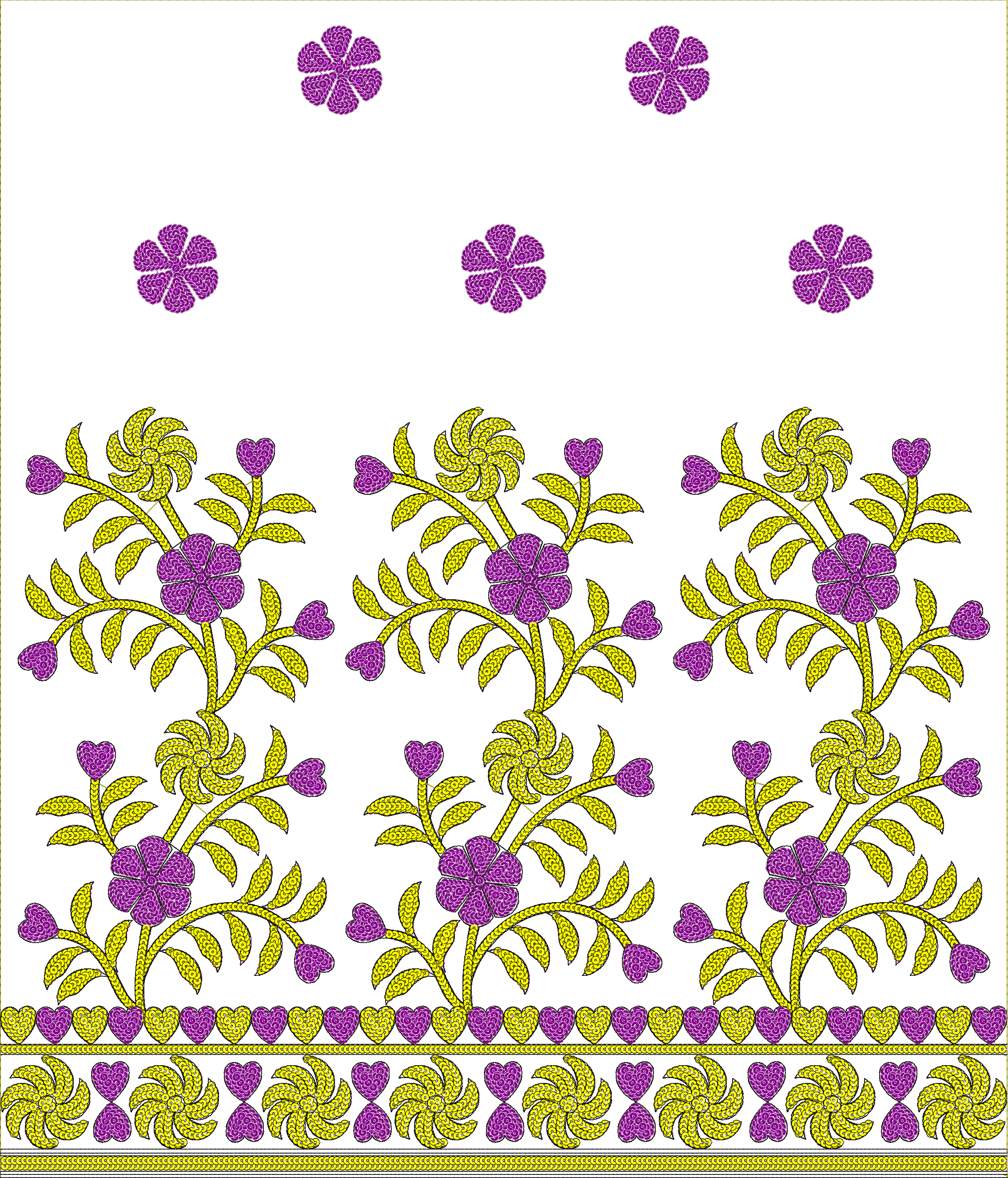 Embroidery design: A decorative floral border design with purple flowers, yellow swirling leaves, and heart motifs, suitable for embroidery
