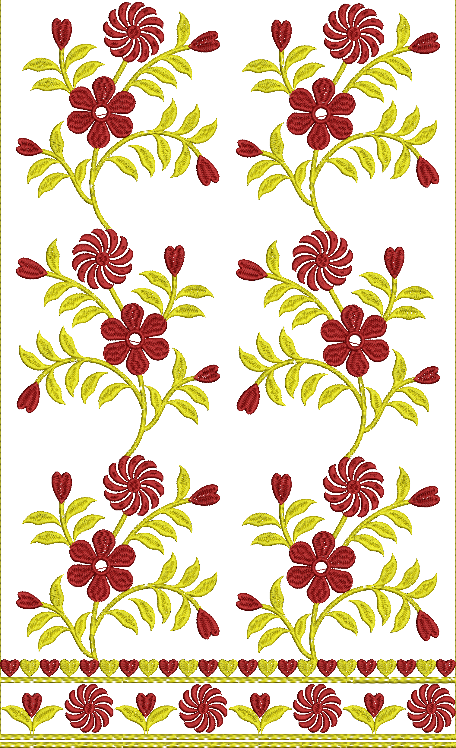 Embroidery design: A vertical embroidery design with repeating red floral motifs and yellow vines and leaves, featuring a decorative border