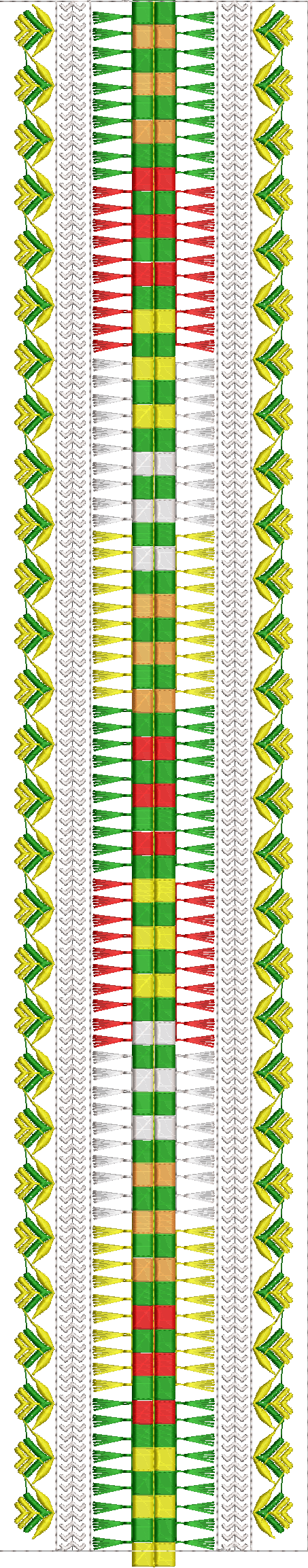 Embroidery design: A decorative embroidery design with a central vertical panel featuring alternating colored blocks and tassel-like elemen