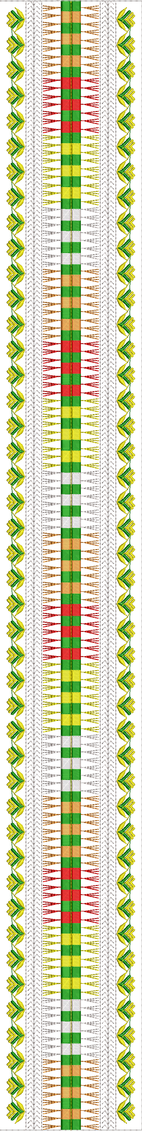 Embroidery design: A symmetrical, repeating border design with green, yellow, red, and tan stripes in the center, flanked by stylized leaf 
