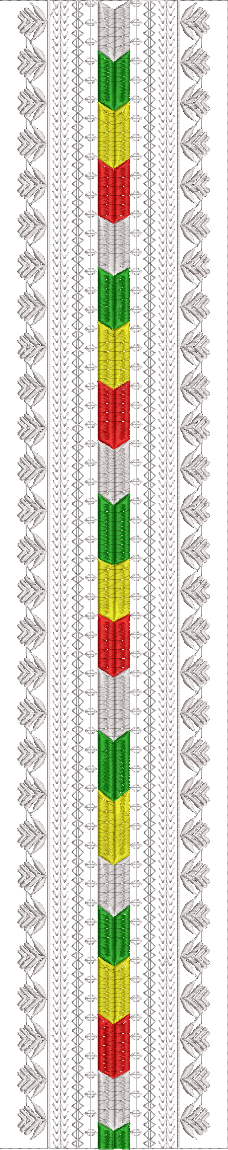 Embroidery design: A vertical embroidery design featuring a central column with alternating segments of red, green, yellow, and silver, bor