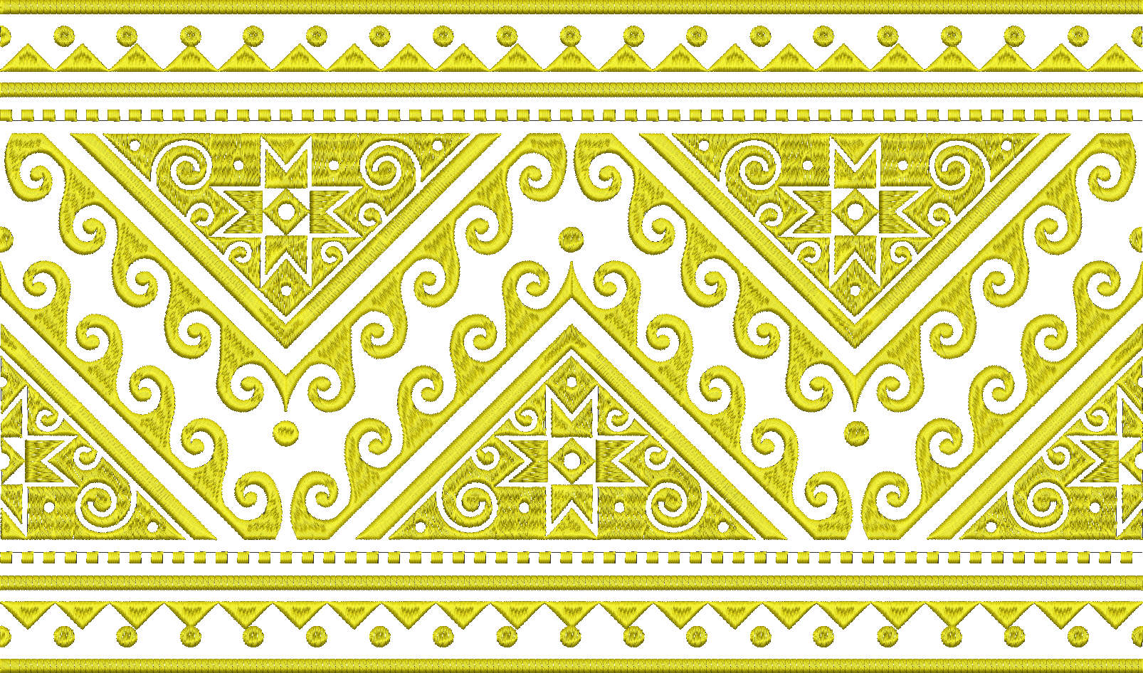 Embroidery design: A continuous, repeating, and symmetrical golden yellow embroidery border design featuring geometric shapes like triangle