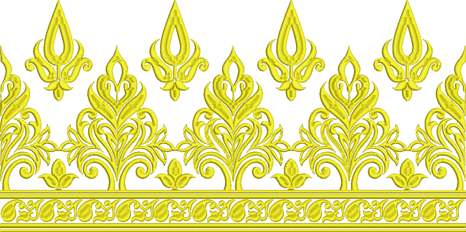 Embroidery design: A yellow embroidered border with ornamental and floral motifs, featuring repeating symmetrical vine and leaf patterns.