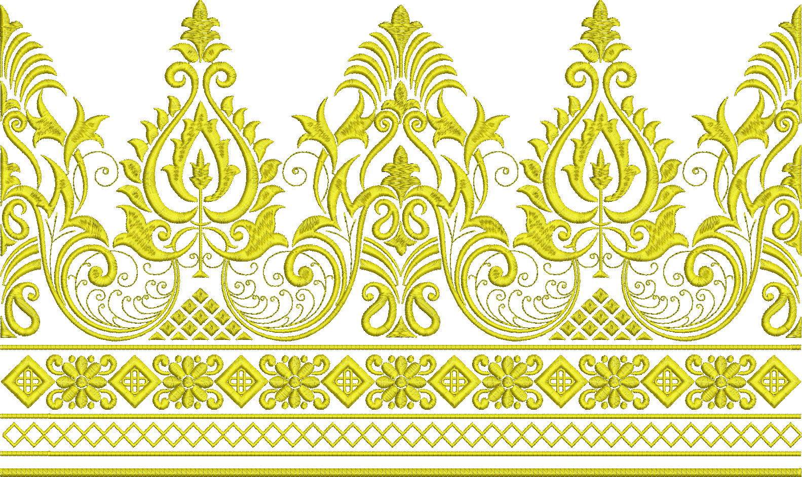 Embroidery design: A decorative yellow embroidery border with repeating ornamental and floral motifs, featuring geometric patterns and scro