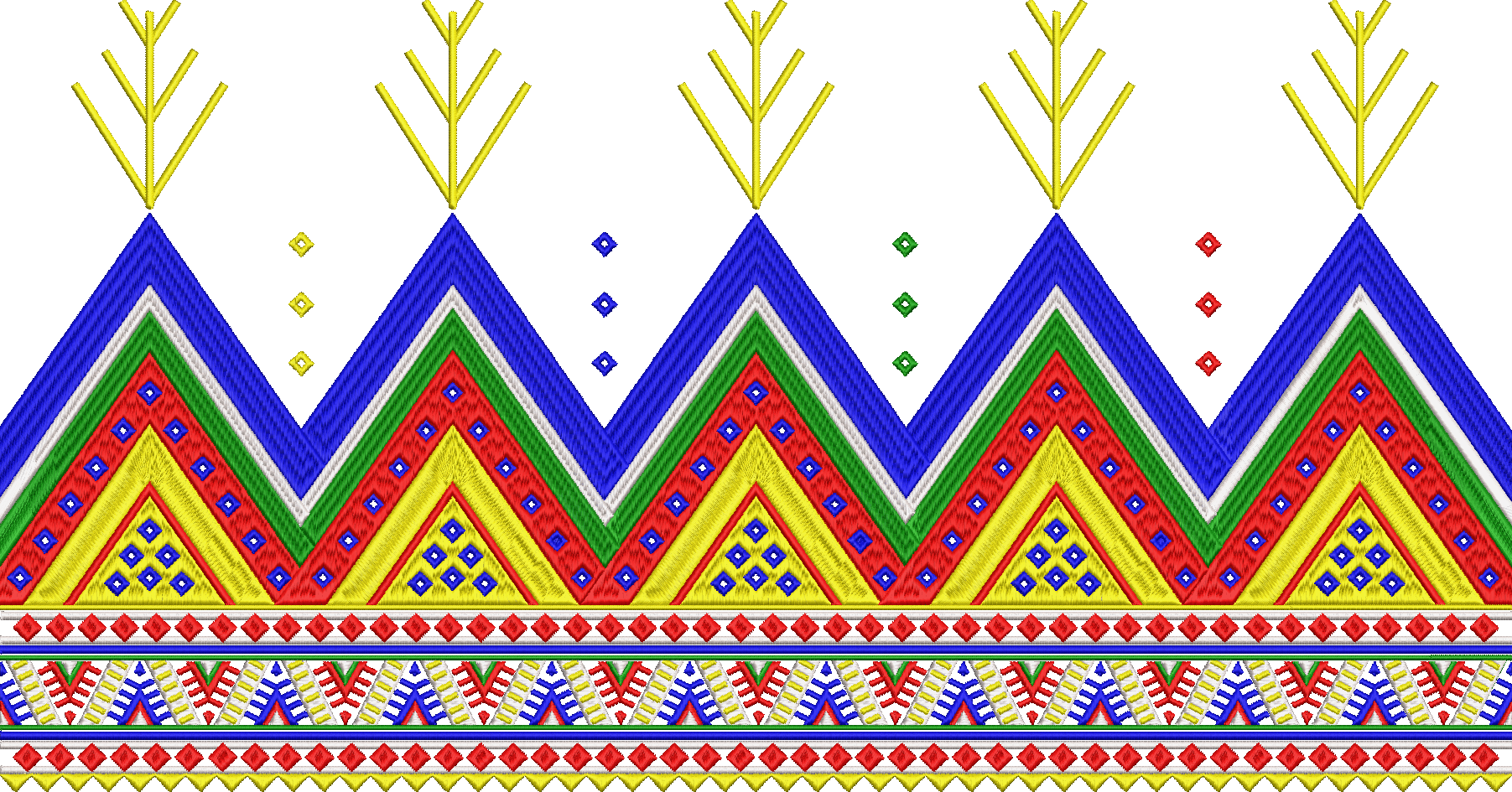 Embroidery design: A decorative ethnic border design with repeating geometric patterns in yellow, blue, green, red, and white. It features 