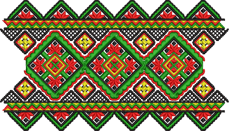 Embroidery design: A traditional ethnic embroidery border design with repeating geometric and floral motifs in red, green, yellow, and blac