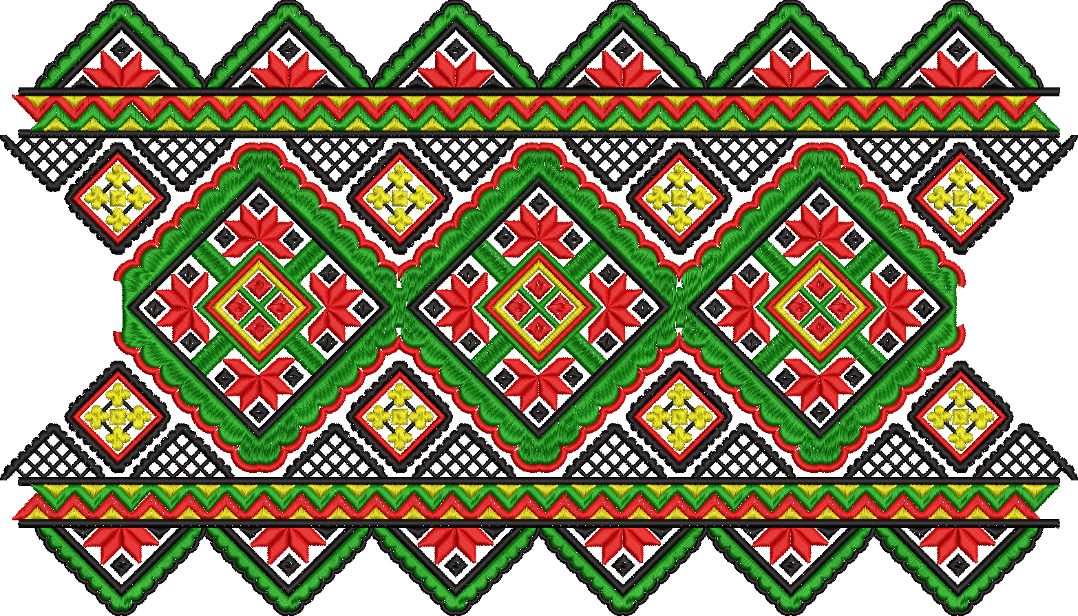 Embroidery design: A traditional and ethnic embroidery border design featuring repeating geometric and diamond motifs in red, green, yellow