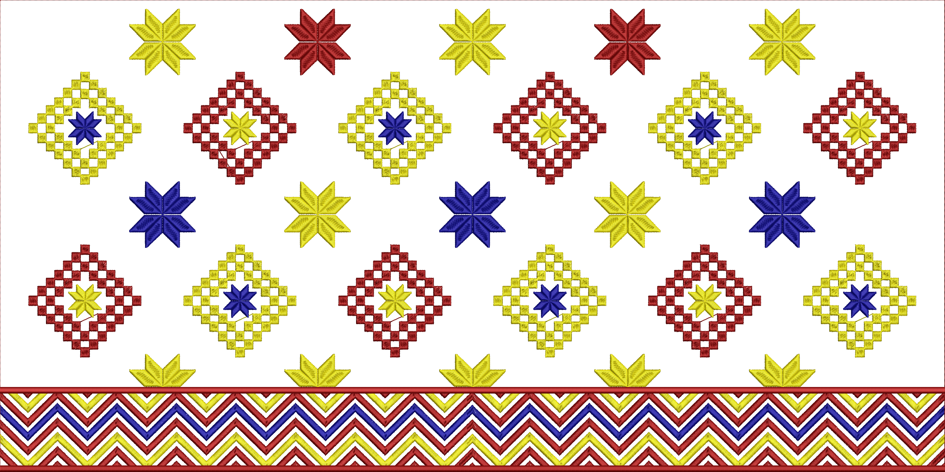Embroidery design: A digital embroidery design featuring a repeating geometric pattern with diamonds containing stars, and a decorative bor