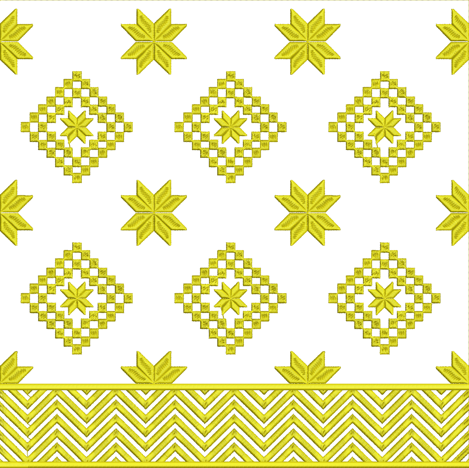 Embroidery design: A seamless embroidery pattern in golden yellow featuring repeating symmetrical motifs of stars and diamonds, with a chev