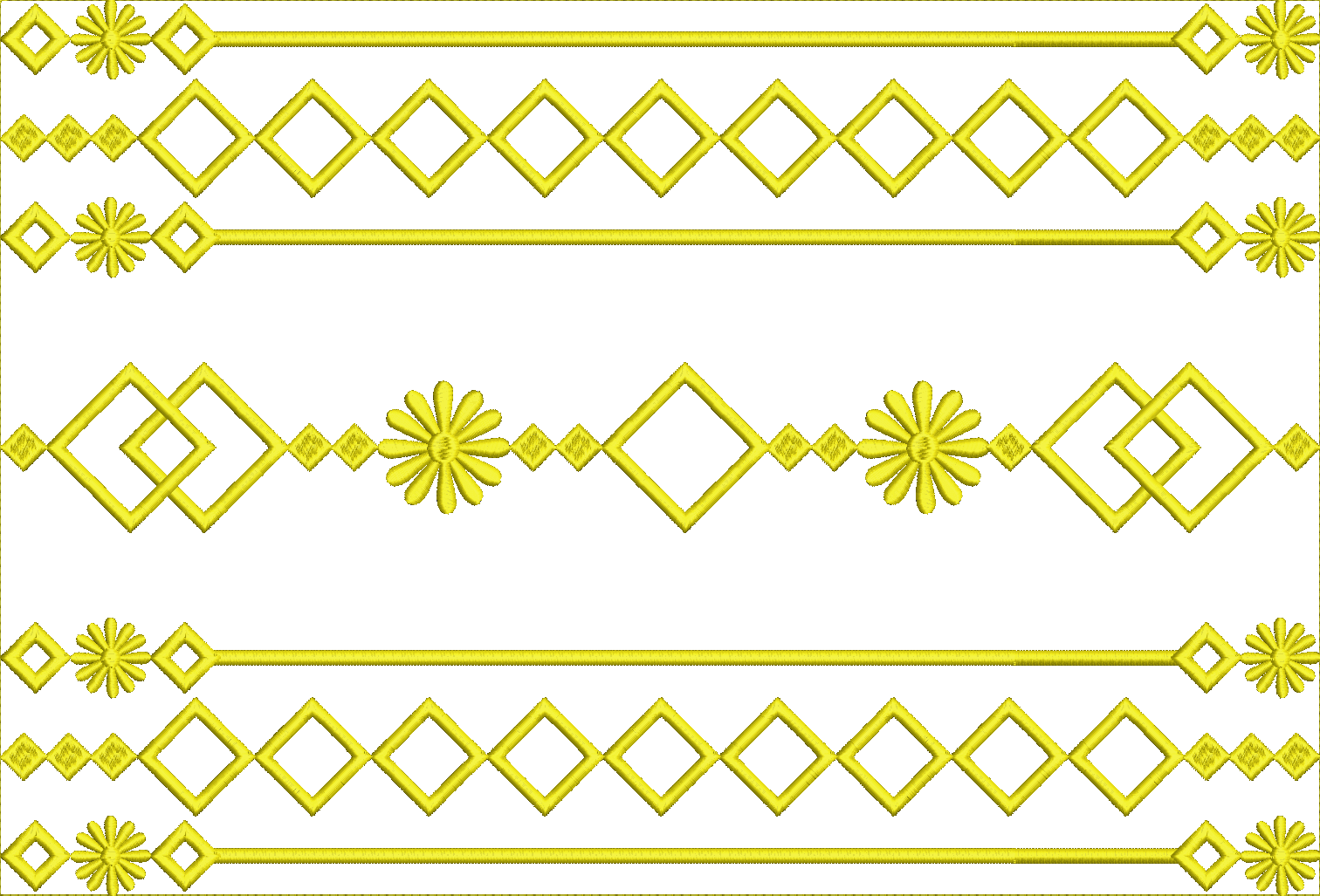 Embroidery design: A yellow decorative border embroidery design with repeating geometric diamond shapes and floral motifs arranged in horiz