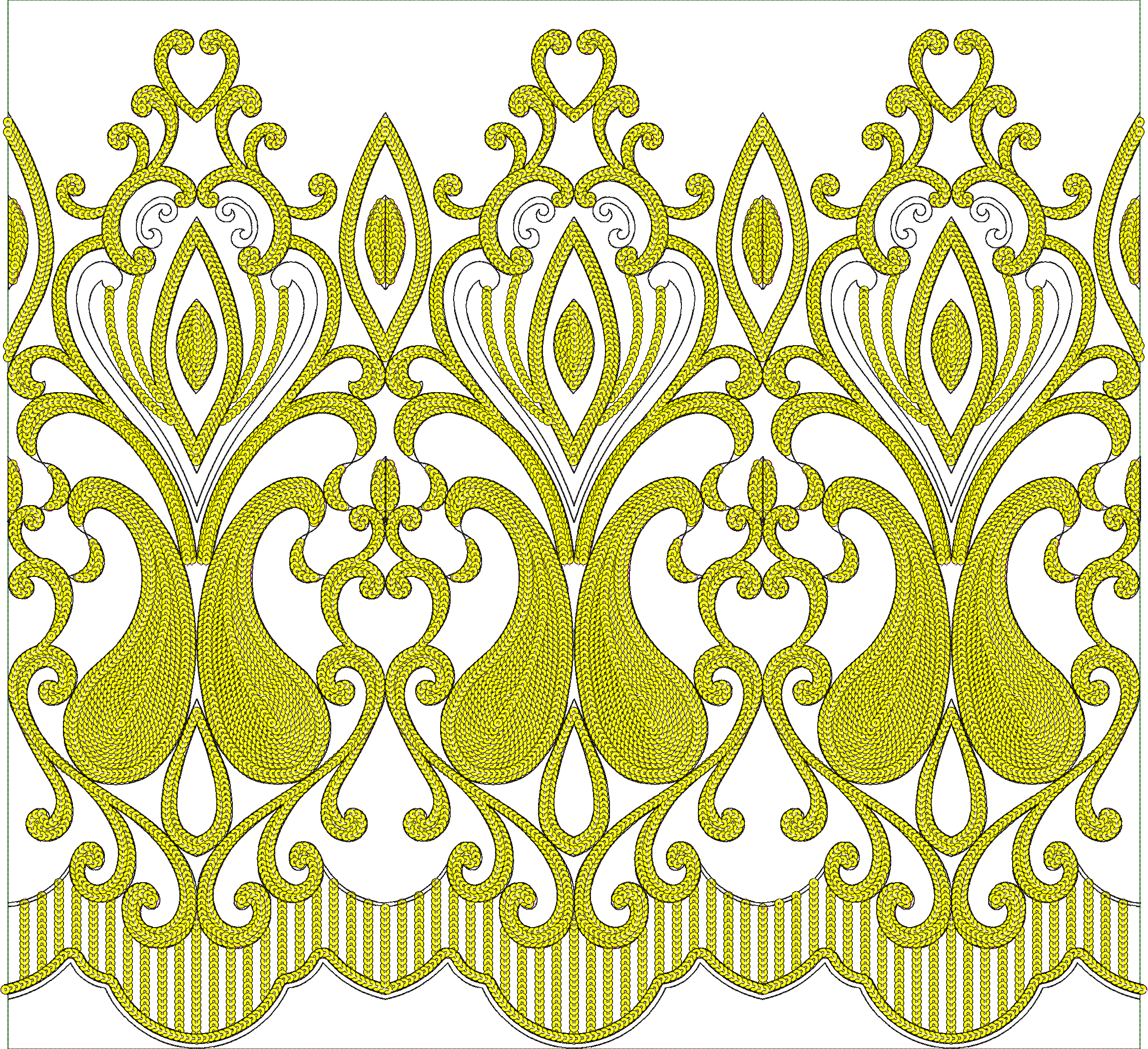 Embroidery design: A decorative yellow border with paisley motifs, scrollwork, and symmetrical elements in a traditional arabesque style wi