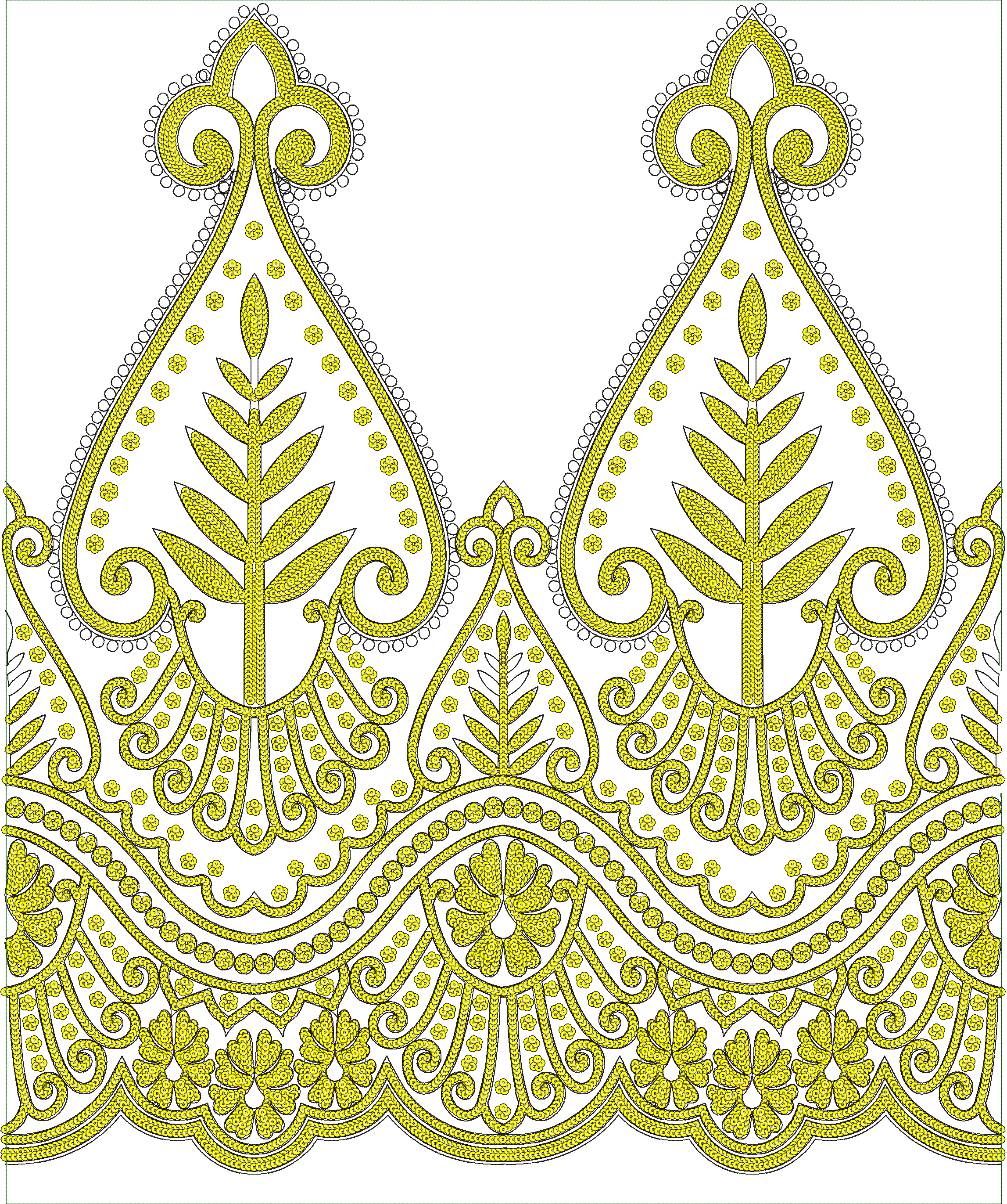Embroidery design: A decorative yellow and black border embroidery design with repeating ornamental and floral motifs, featuring scrollwork