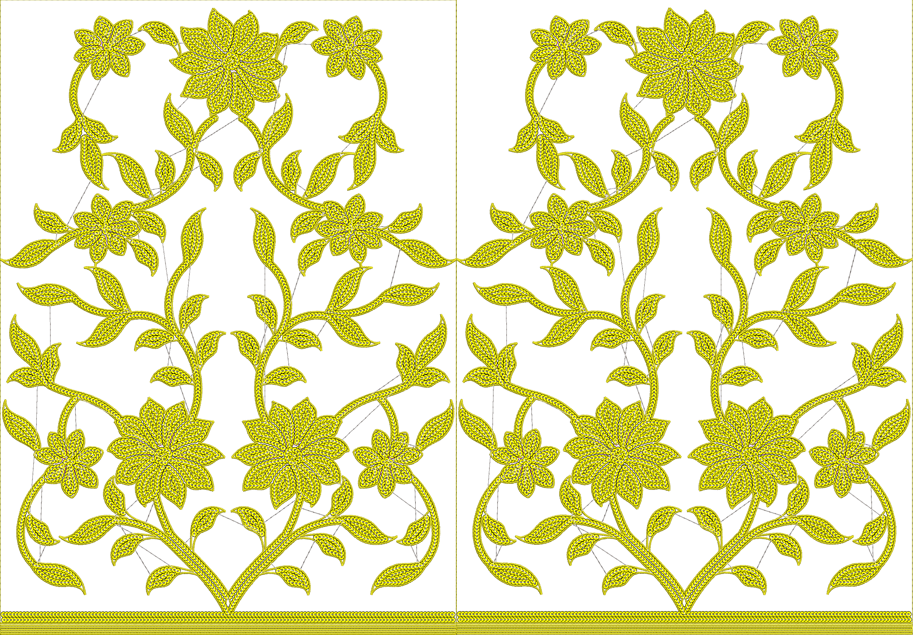 Embroidery design: A symmetrical embroidery design featuring yellow flowers and leaves in a scrolling vine pattern with a floral border at 
