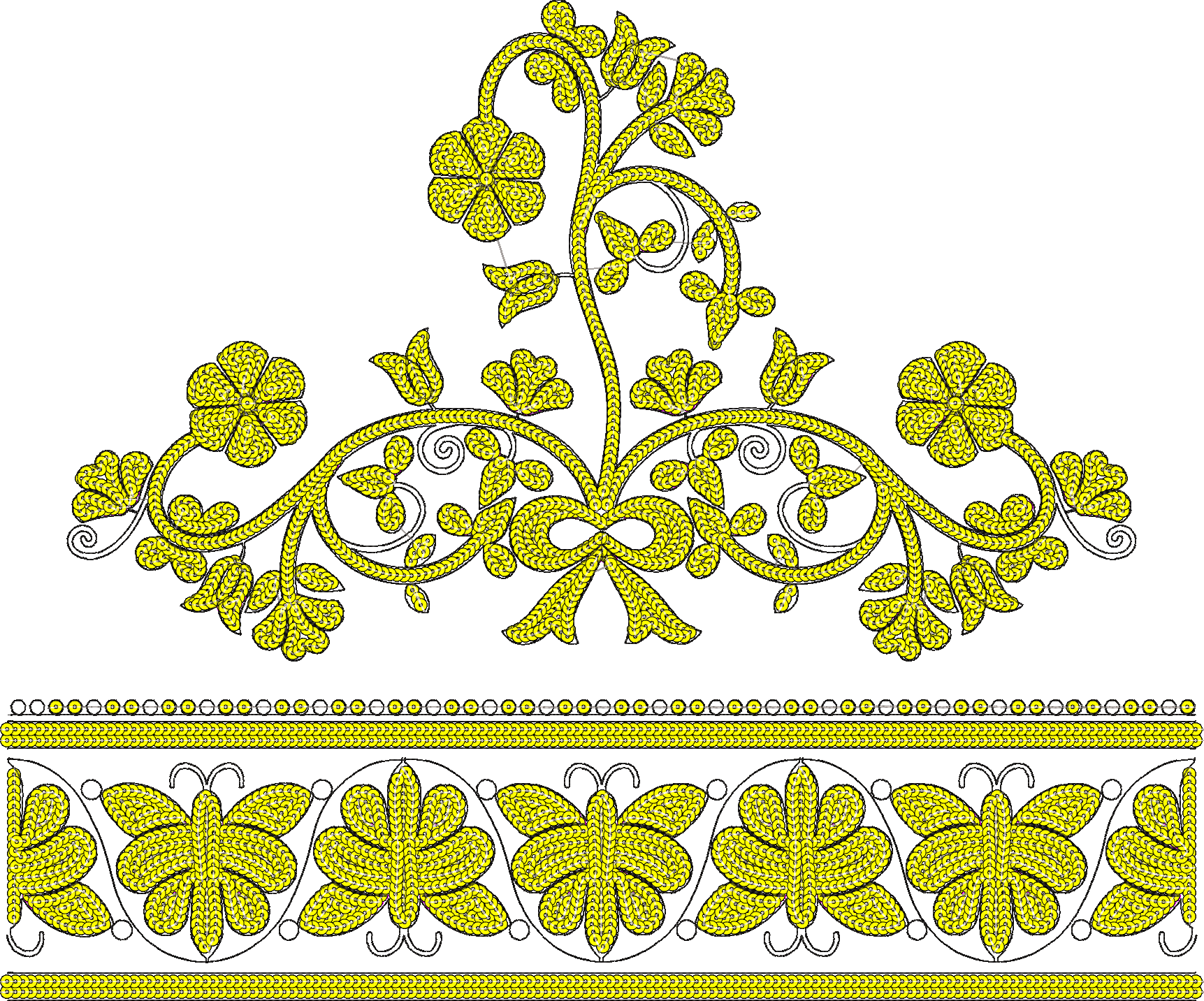 Embroidery design: An ornamental embroidery design in yellow and black, featuring a floral arrangement with vines and flowers at the top, a