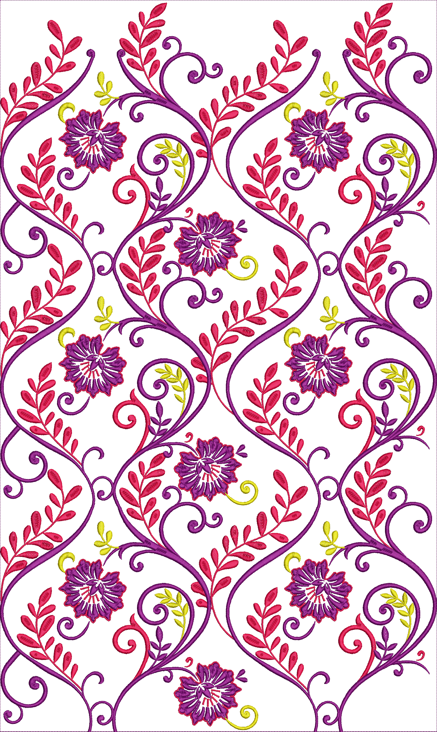 Embroidery design: A repeating all-over embroidery design with a floral and vine motif. It features purple flowers with pink leaves and yel
