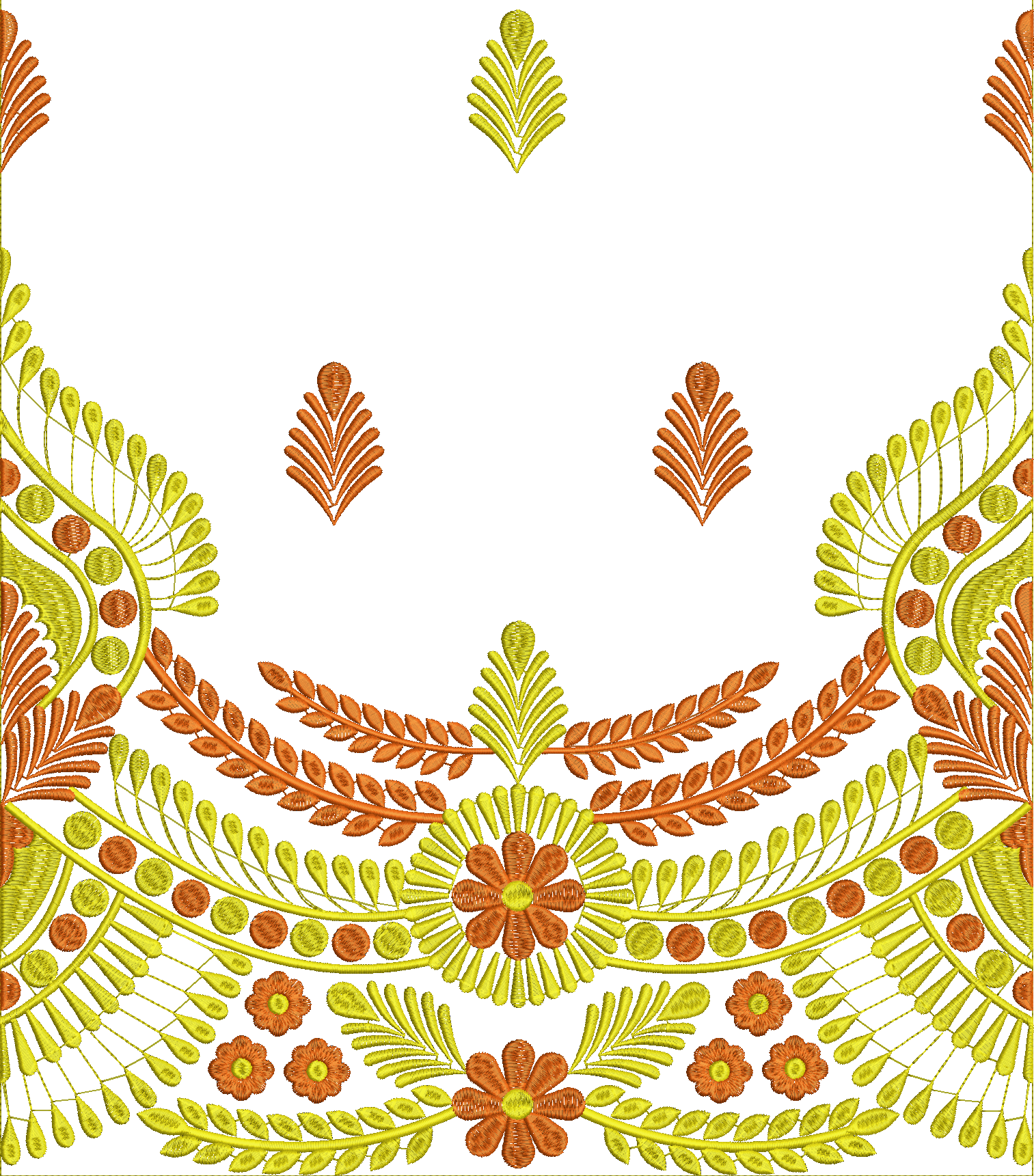 Embroidery design: A decorative embroidery design with floral and leaf motifs arranged symmetrically in orange and yellow, featuring circul