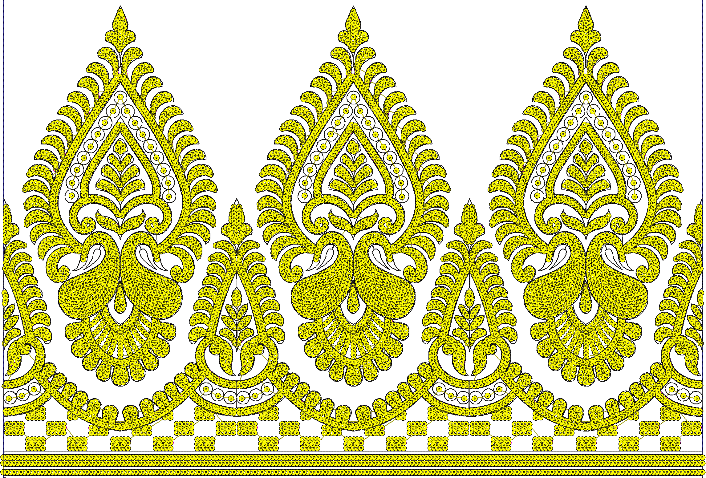 Embroidery design: A traditional and ornamental embroidery border design featuring repeating symmetrical motifs of stylized peacocks and pa