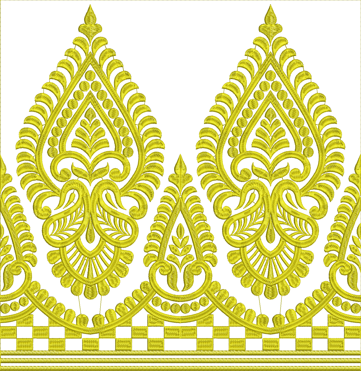 Embroidery design: A decorative gold embroidery border with symmetrical, repeating arabesque and floral motifs, featuring stylized leaves a