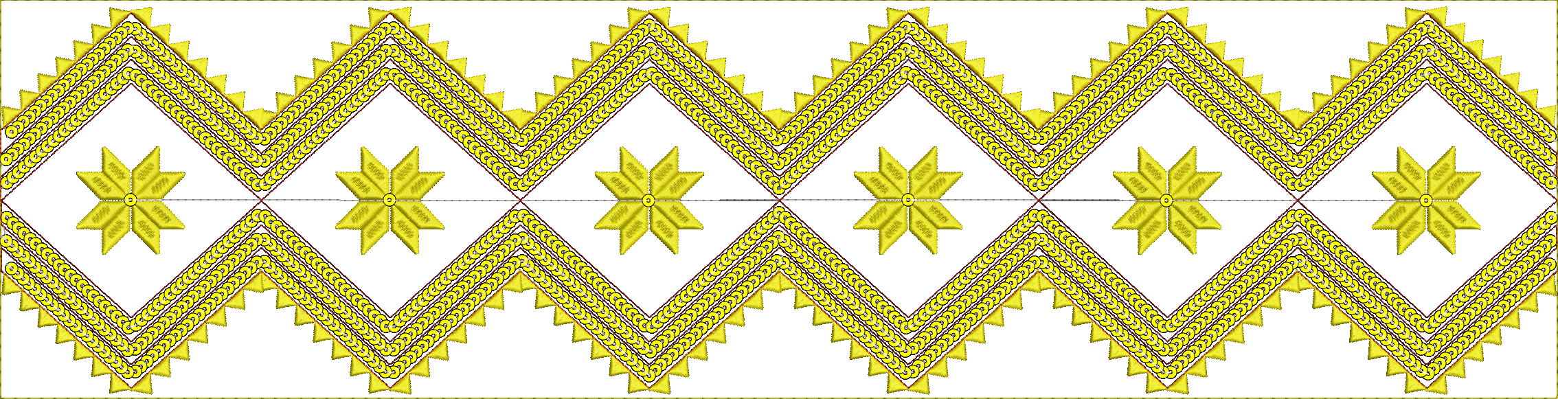 Embroidery design: A yellow and dark red ornamental border design featuring a repeating pattern of diamonds, each containing an eight-point