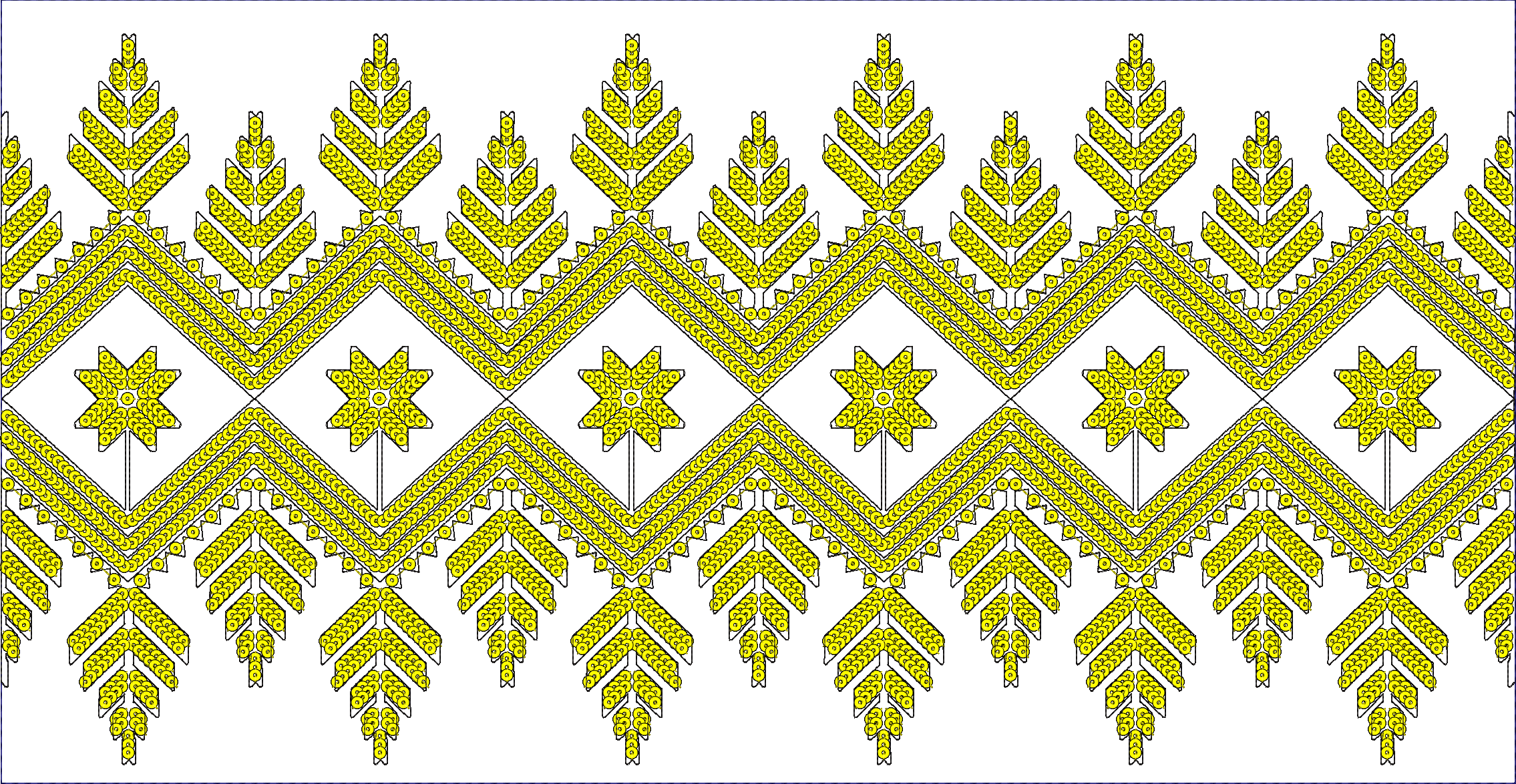 Embroidery design: A decorative yellow and black border design with repeating geometric and floral motifs, including diamond shapes and sty