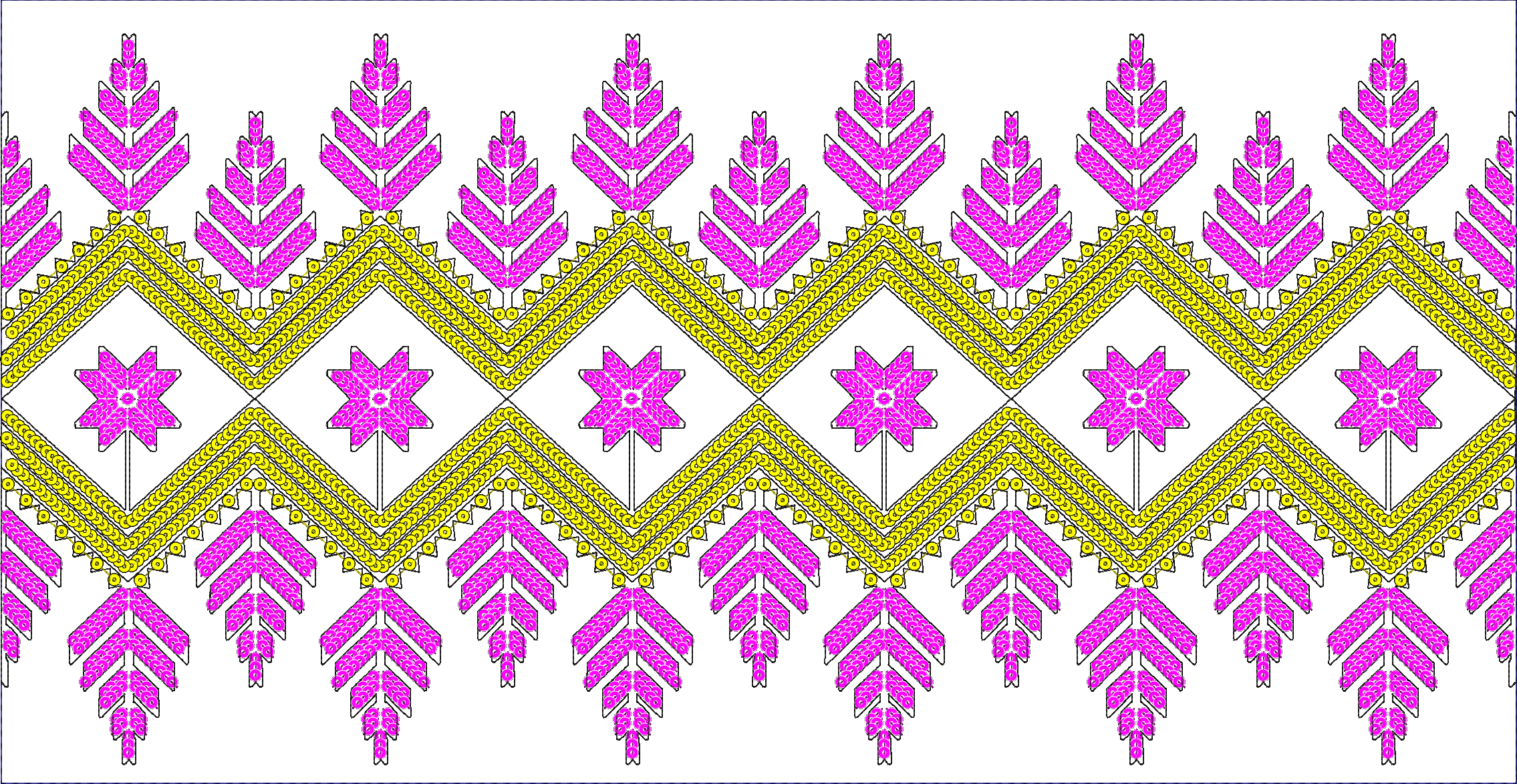 Embroidery design: A repeating horizontal border embroidery design featuring alternating stylized pink leaf shapes and pink star flowers, c