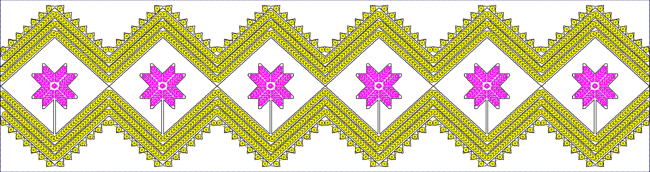 Embroidery design: A repeating border embroidery design featuring pink eight-pointed stars within yellow diamond shapes, outlined in black.