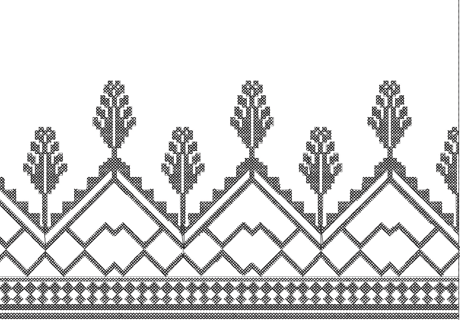 Embroidery design: A black and white embroidery border with repeating stylized trees and geometric patterns.