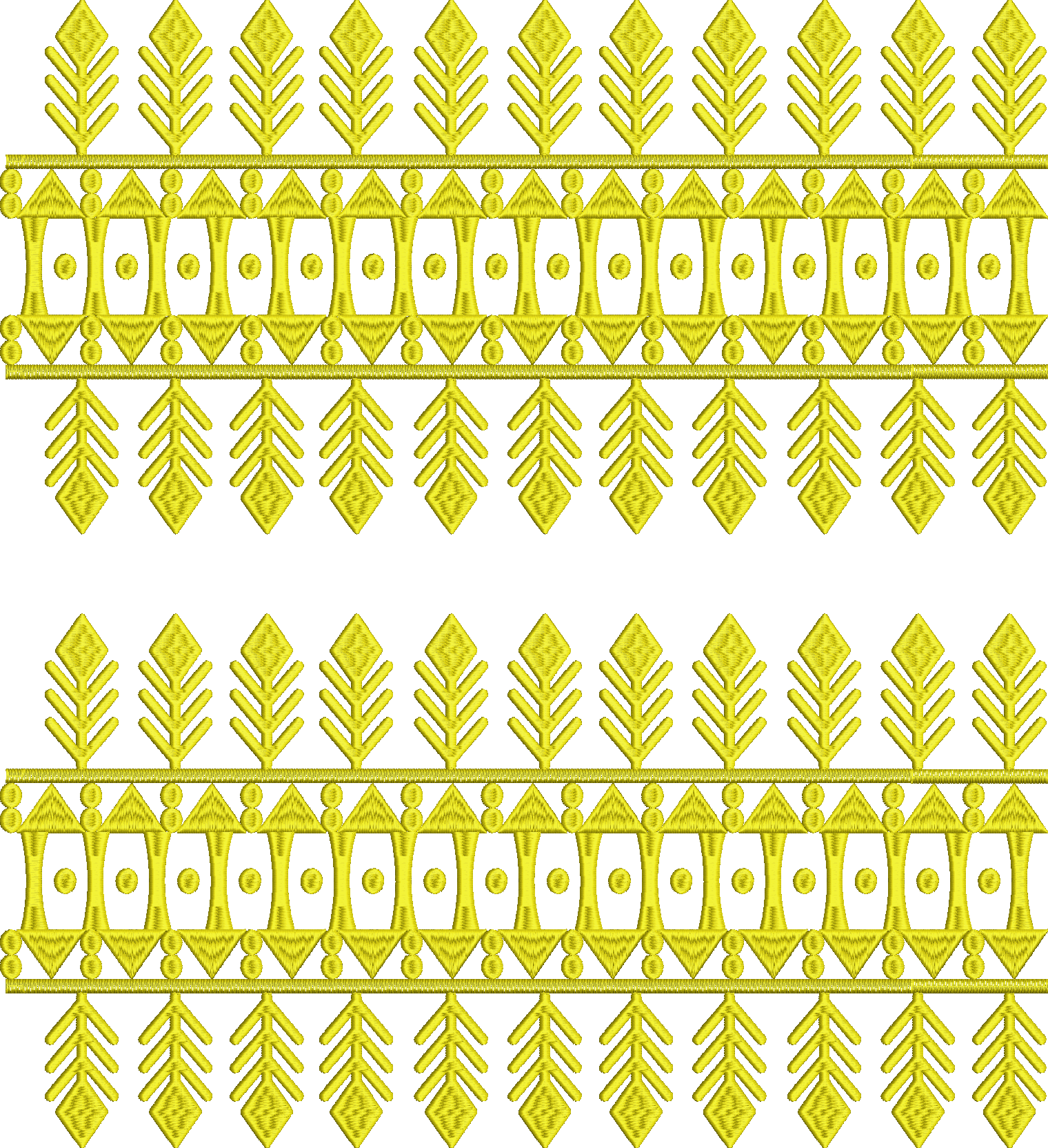 Embroidery design: A symmetrical, repeating gold embroidery border with geometric and ornamental motifs, featuring stylized leaf and diamon