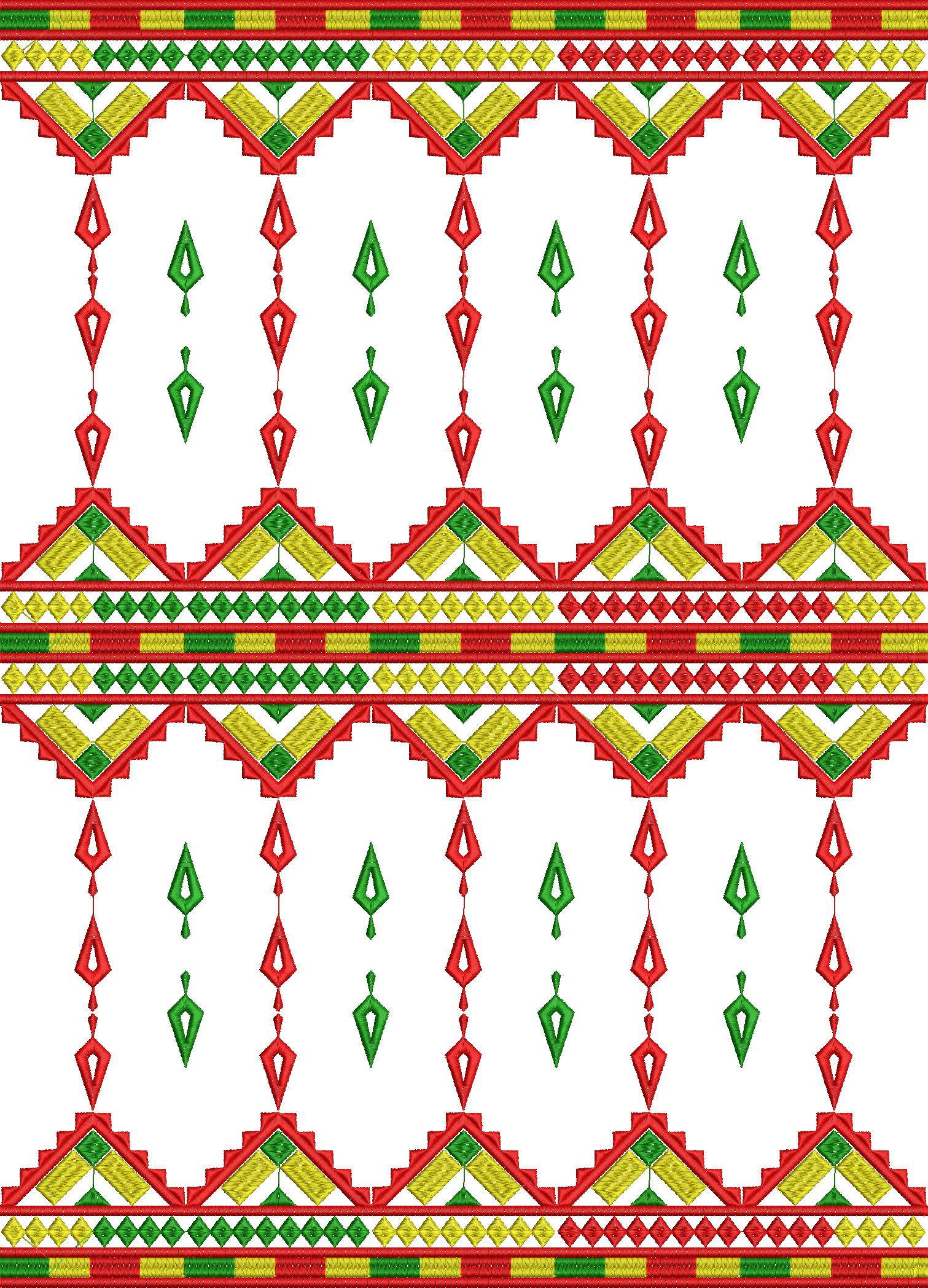Embroidery design: A repeating, symmetrical border embroidery design with ethnic and geometric patterns in red, yellow, and green. It featu