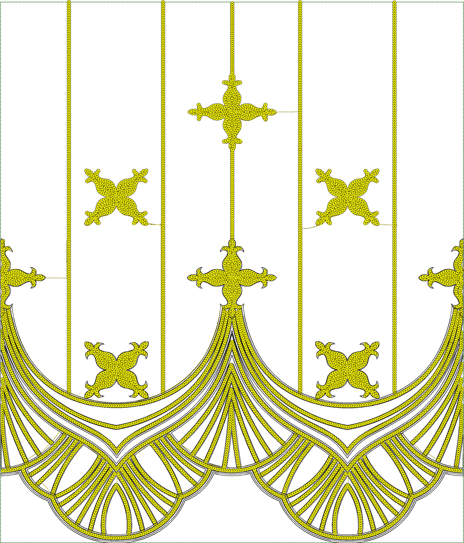 Embroidery design: A symmetrical and repeating decorative embroidery design featuring yellow, lace-like motifs arranged in vertical borders