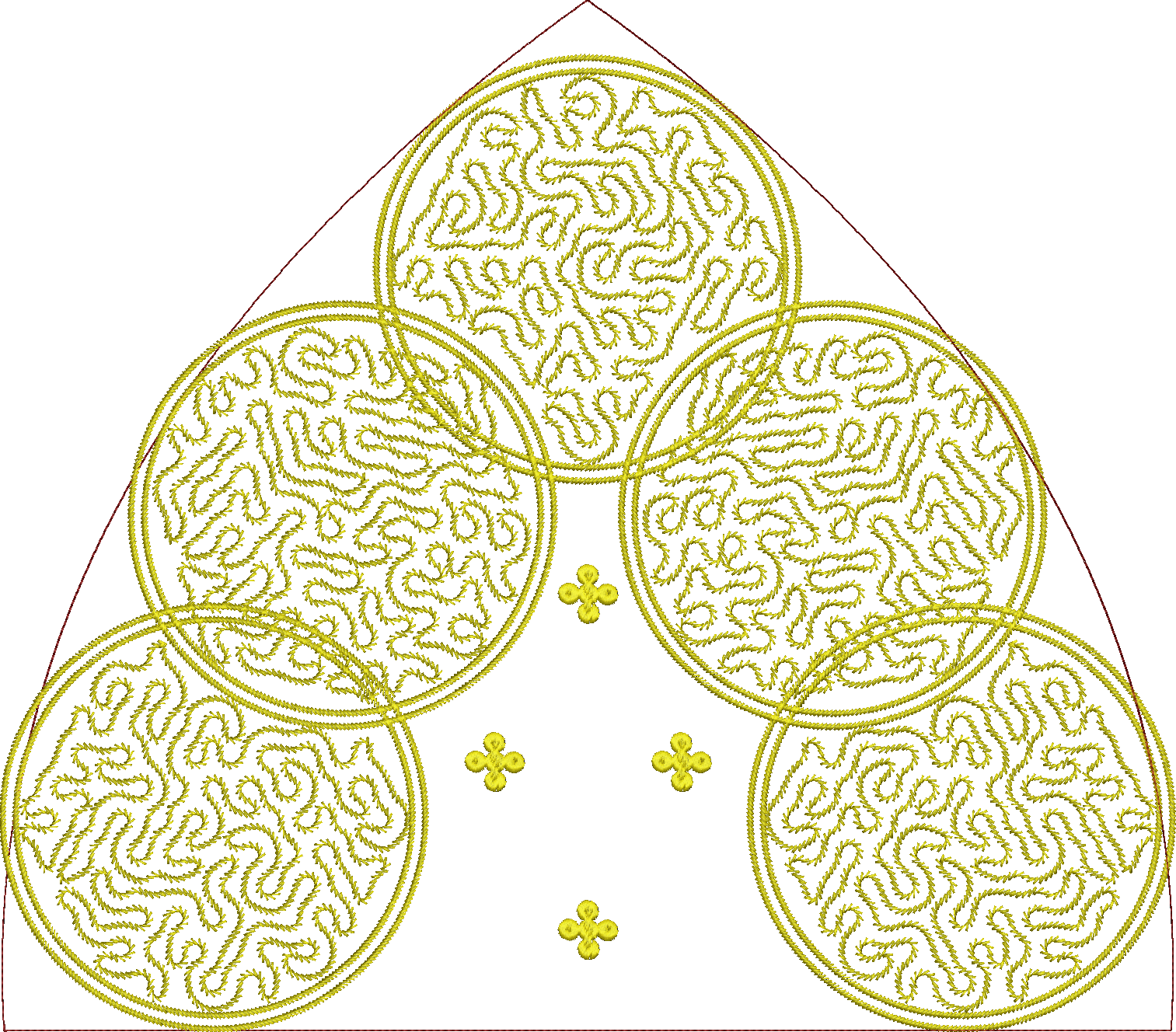 Embroidery design: A symmetrical yellow embroidery design featuring a triangular border with circular, scrollwork-filled motifs and small c
