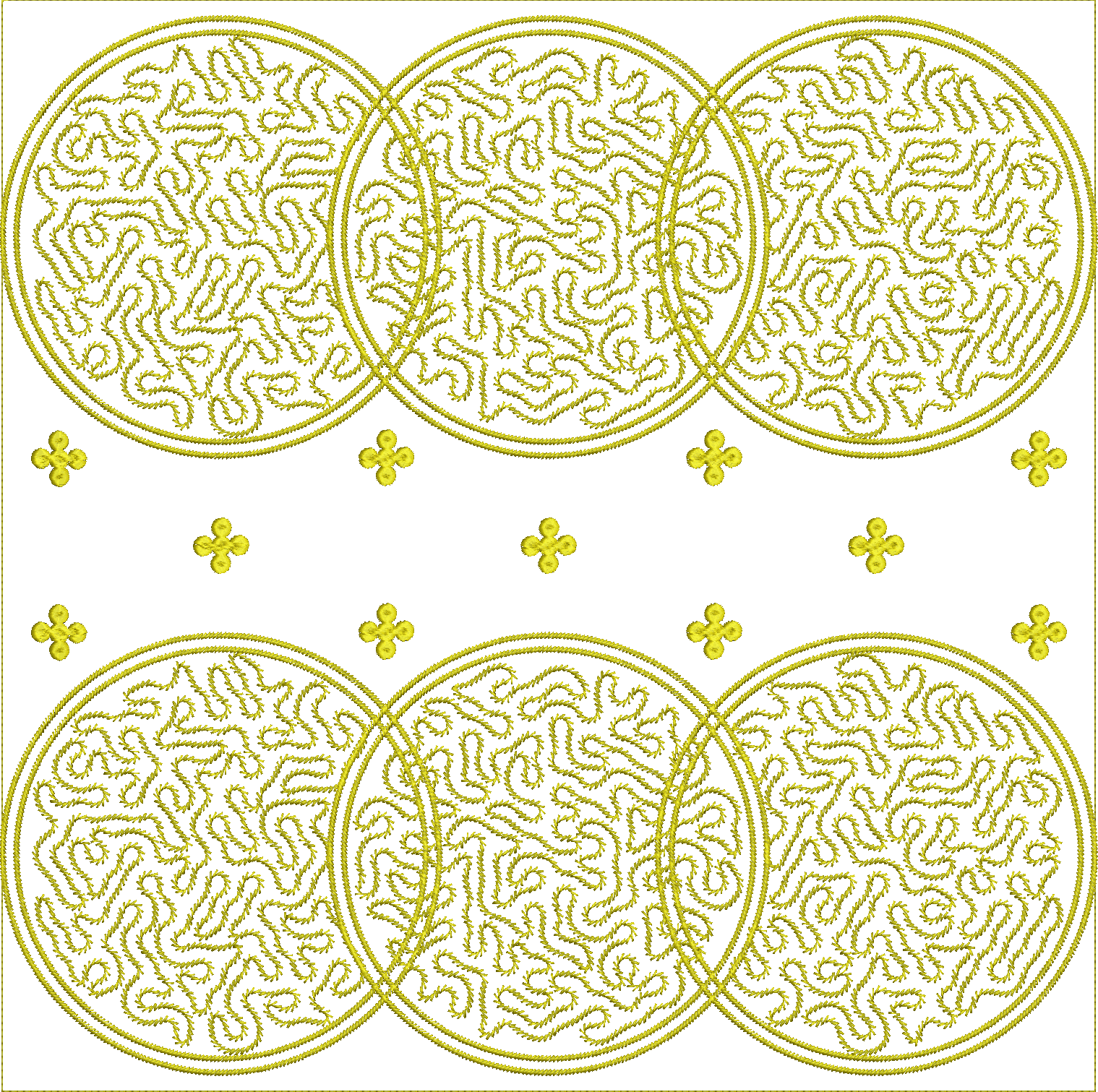 Embroidery design: A symmetrical embroidery design with a repeating pattern of interlocking gold circular motifs, each filled with a dense,