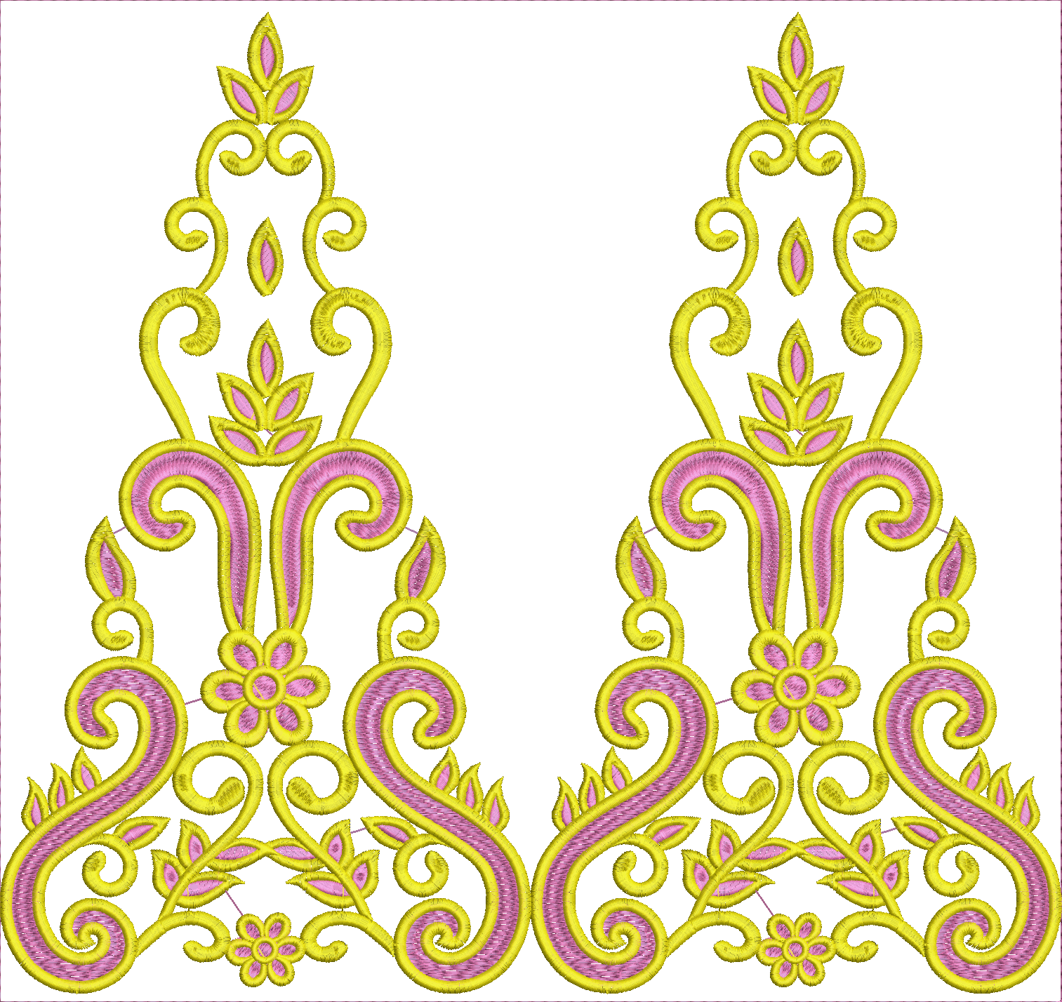 Embroidery design: A symmetrical ornamental embroidery design featuring yellow scrollwork with pink and purple floral and foliage motifs.