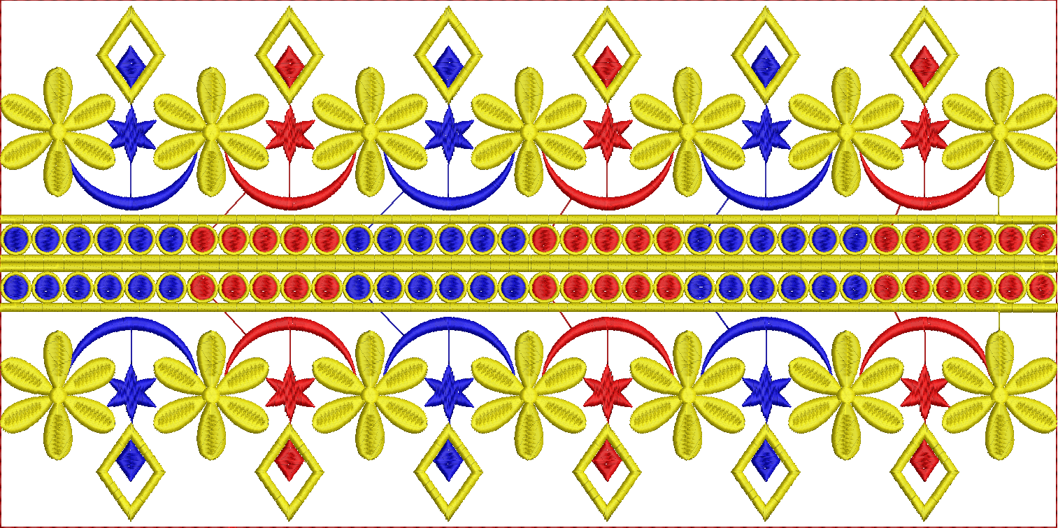 Embroidery design: A repeating decorative border embroidery design featuring yellow flowers, blue stars, red diamonds, and rows of red and 