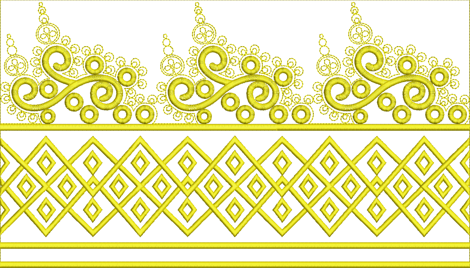 Embroidery design: A decorative golden embroidery border featuring scrollwork and geometric diamond patterns.