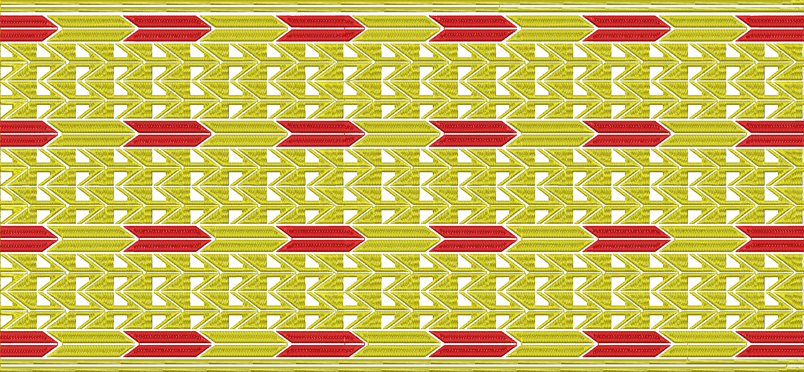 Embroidery design: A seamless embroidery pattern featuring repeating rows of yellow and red chevron and arrow shapes, creating a decorative