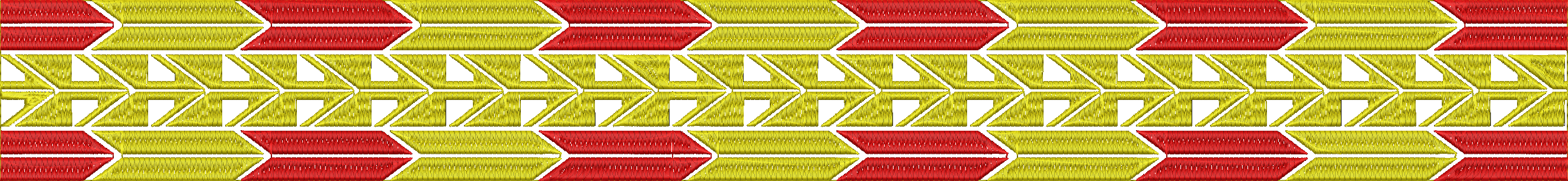 Embroidery design: A decorative embroidery design featuring repeating horizontal bands of red and yellow chevrons and geometric shapes.