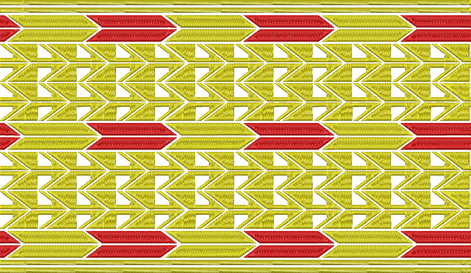 Embroidery design: A repeating geometric embroidery border pattern with red and yellow chevron and diamond shapes in a symmetrical arrangem