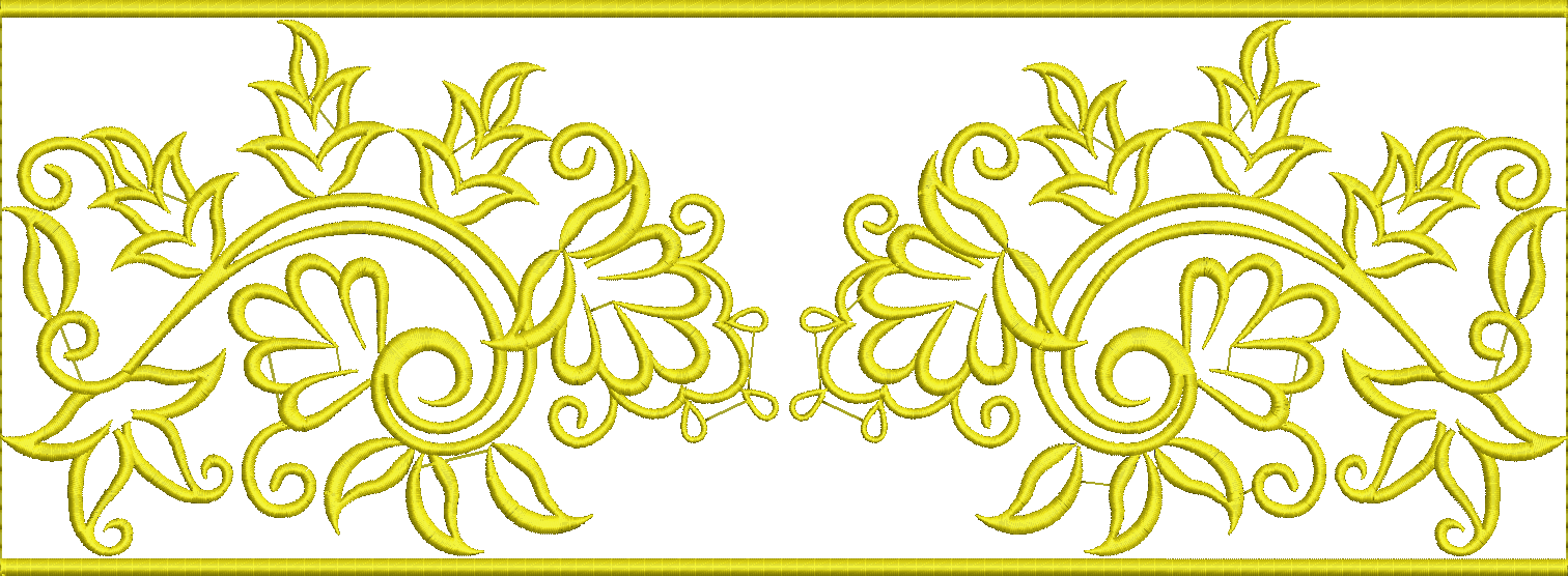 Embroidery design: A symmetrical, ornamental border design with scrolling vines and leaf motifs in a gold thread.