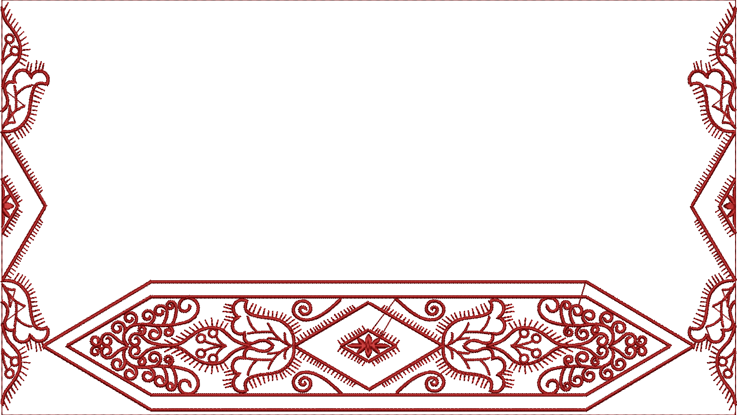 Embroidery design: A red, ornamental embroidery design featuring a symmetrical border with scrollwork, floral/leaf motifs, and a central di